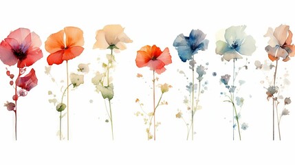 AI generated illustration of a vibrant row of multicolored watercolor flowers