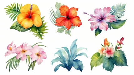 Deurstickers Tropische planten AI generated illustration of a vibrant watercolor painting featuring a set of different flowers