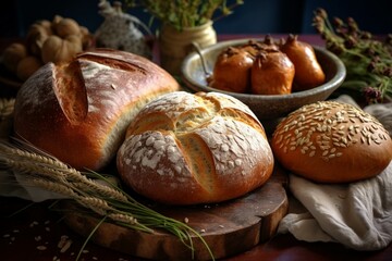 Obraz na płótnie Canvas Freshly baked bread on the table in a rustic style.