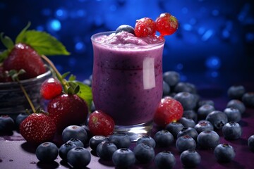 Blueberry smoothie in a glass with fresh berries on a dark background