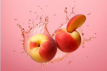 Water splash with fresh peaches on pink background. 3d render