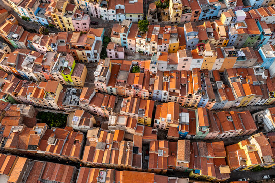 Aerial view of colourful house in Bosa, Oristano, Sardinia, Italy.