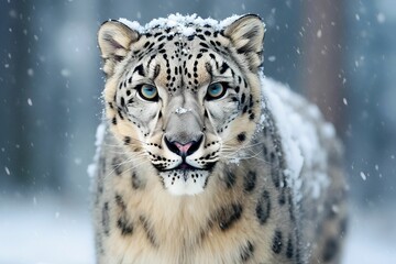 AI generated illustration of  a snow leopard standing in its natural habitat of a snowy forest
