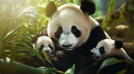Fototapeta premium AI generated illustration of Three Pandas gathering together in a lush green jungle