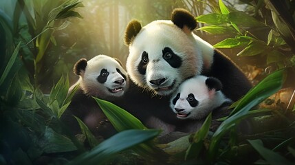 Obraz na płótnie Canvas AI generated illustration of Three Pandas gathering together in a lush green jungle