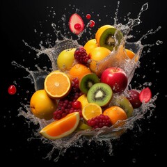 Water splash with pomegranate and oranges on black background.
