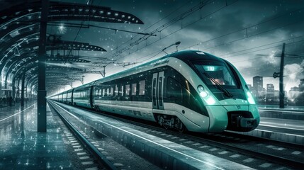 Fototapeta premium AI generated illustration of An electric train speeding along a track in the night cityscape