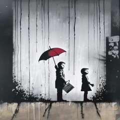 Street art featuring two children with a red umbrella standing in the rain. AI-generated.