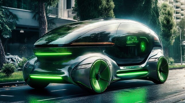AI generated illustration of a sleek black modern car illuminated with vibrant green neon lighting