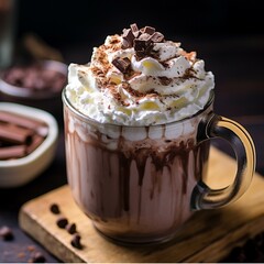 Hot chocolate with whipped cream and chocolate chips on a dark background.