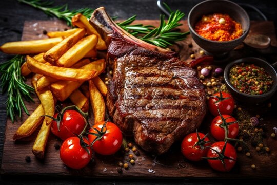 Grilled steak with french fries and vegetables on dark rustic background