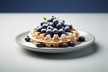 White plate with a stack of freshly-made waffles topped with fresh blueberries, AI-generated.