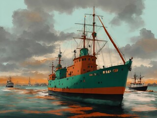 Fototapeta premium AI generated illustration of a large green ship in the middle of a body of water