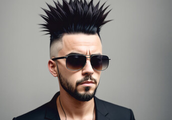 Fototapeta premium Young punk man wearing black glasses. Portrait of bold male with bright image, daring style. Generative AI.