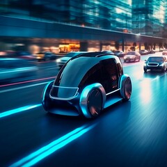 AI generated illustration of a fleet of modern, futuristic cars cruise through an urban cityscape