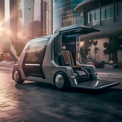 AI generated illustration of an electric automobile parked on a city street with open doors