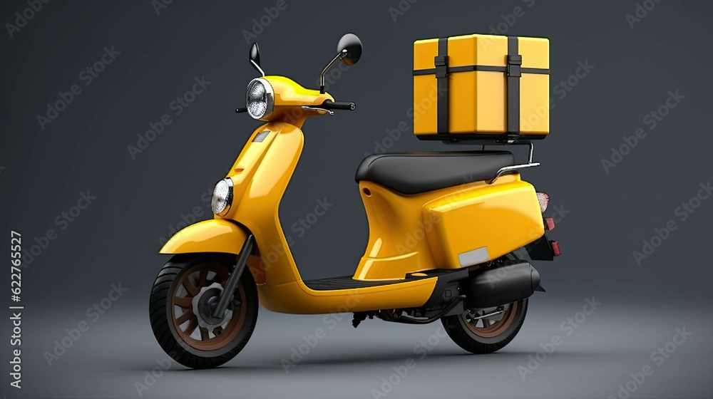 Wall mural bright modern delivery motorbike or scooter with courier box on back. ai generated