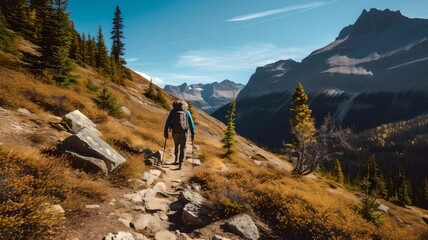 Fototapeta na wymiar AI generated hiker trekking up a rugged mountainside path