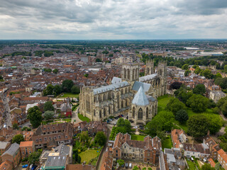 Aerial drone photo of the York Minster, a large cathedral in York, England.