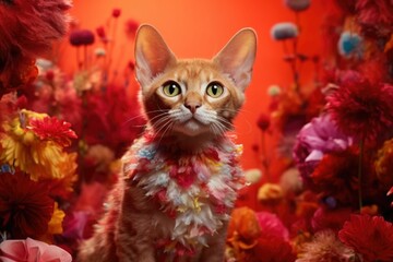 Fototapeta na wymiar AI generated illustration of an adorable gray tabby cat perched on a vibrant flower-filled meadow