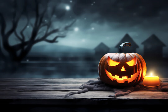Halloween pumpkin, Jack O lantern evil face on a wooden bench with a spooky misty background. Generative AI