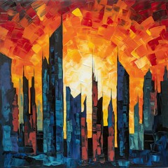 AI generated illustration of a city skyline at sunset in an abstract style