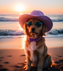 Cute golden retriever dog in hat and sunglasses on the beach at sunset Generative AI