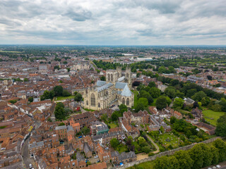 Aerial drone photo of the York Minster, a large cathedral in York, England.