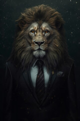 AI generated illustration of a lion wearing a stylish suit and tie with a blurry background