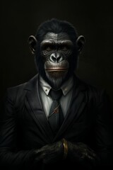 AI generated illustration of a monkey wearing a stylish suit and tie with a blurry background