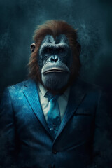 AI generated illustration of a monkey wearing a stylish suit and tie with a blurry background
