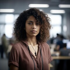 Portrait of a beautiful curly-haired Indian woman in the office background. AI-generated.