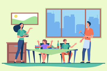 Parents cooking food for children vector illustration. Mother and father preparing dinner while kids having fun at table in cozy apartment. Family home, love, housing concept