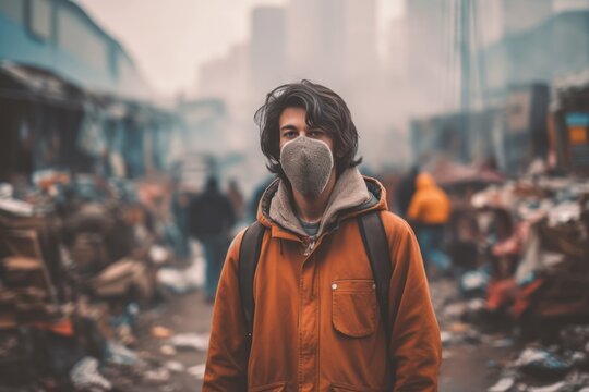 Person wearing a protective mask amidst a heavily polluted urban environment, emphasizing the health risks associated with air pollution. Generative AI