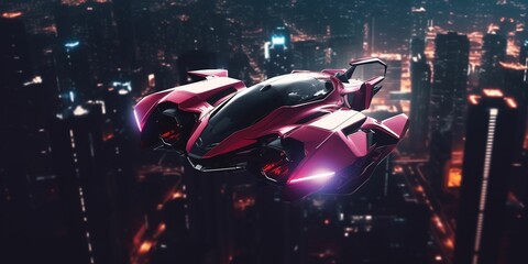 AI generated illustration of a pink car airborne over a bustling cityscape at night