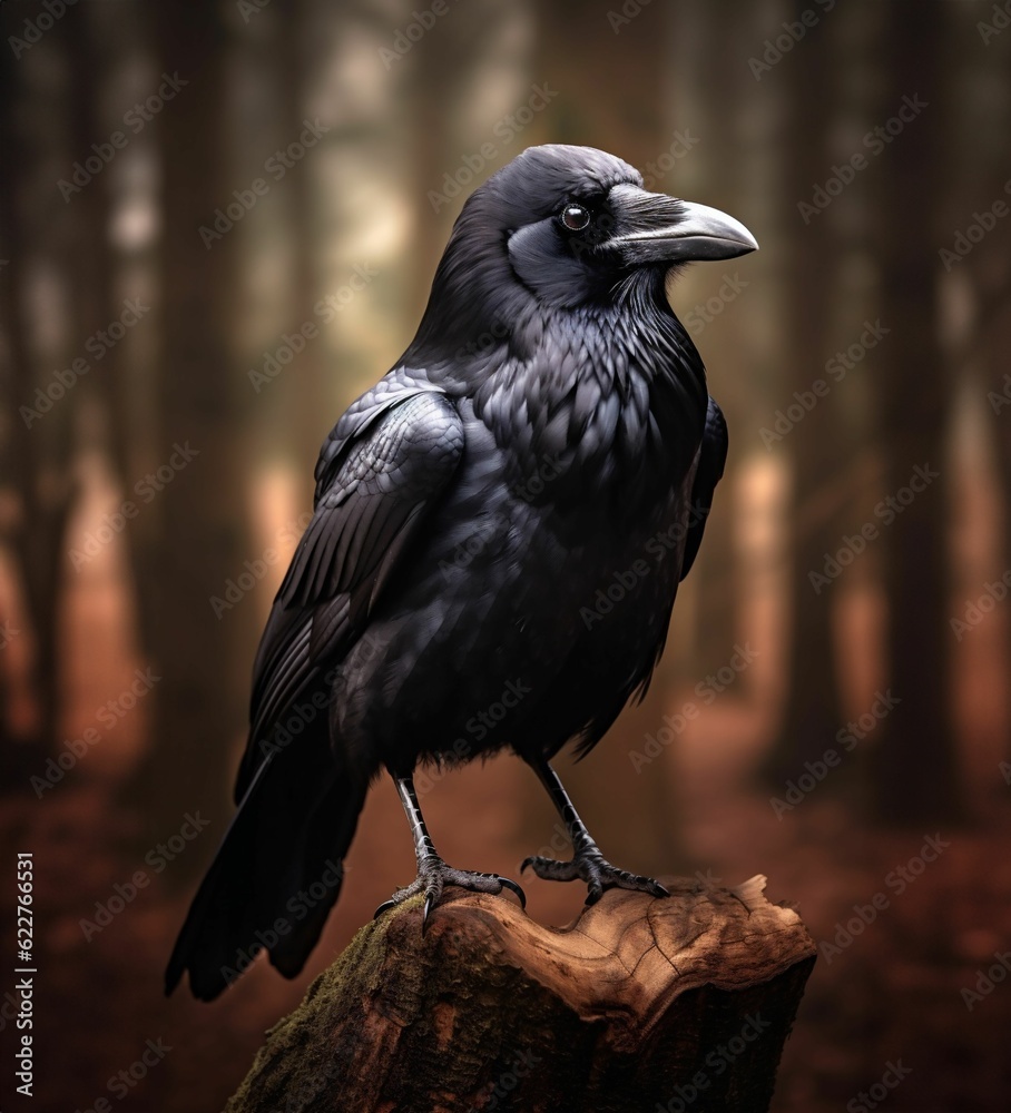 Poster AI generated black crow perched on wood