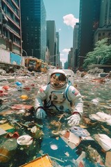Astronaut in the water filled with garbage surrounded by high-rise buildings. AI-generated.