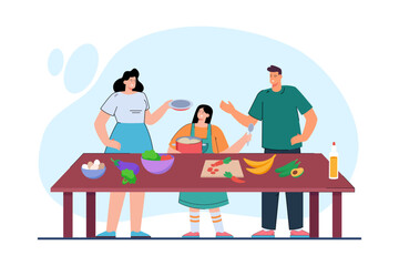 Family cooking dinner together vector illustration. Happy parents and daughter preparing food at kitchen, handing plates and mixing ingredients, having fun at home. Family quality time concept