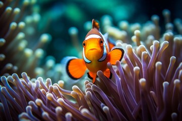 AI generated orange clownfish is swimming between the colorful tentacles of a sea - obrazy, fototapety, plakaty