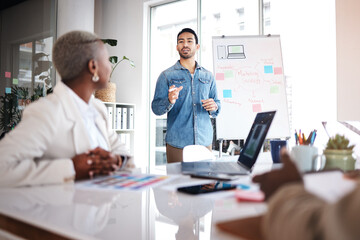 Business presentation, training and communication with seminar and analytics of a worker. Workshop, office and team with brainstorming and creative design strategy with teamwork and collaboration