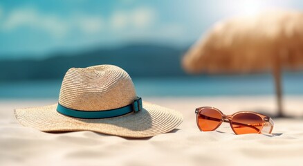 Fototapeta na wymiar AI generated straw hat and sunglasses on beach