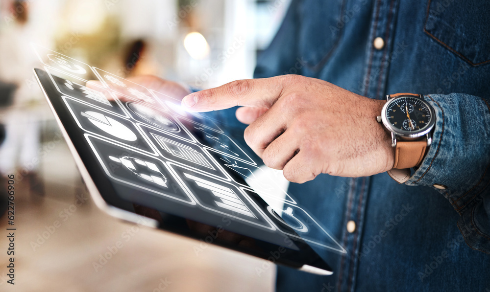 Poster Hands, tablet and hologram dashboard in office, startup and typing for web design, ux test and futuristic app. Developer, holographic user experience and digital touchscreen for menu, planning and ui