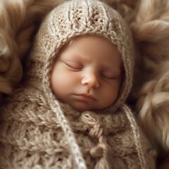 Adorable newborn baby boy sleeping soundly while wearing a warm woolen hat - Ai generated