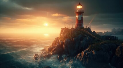 Picturesque lighthouse on a cliff against a beautiful sunset in the ocean, AI-generated.