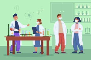 Scientists preparing for experiment vector illustration. Doctors working in laboratory with different equipment, tubes, beakers and chemicals. Lab testing, science, pharmacy concept