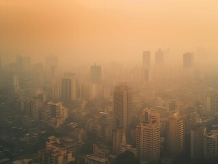 AI generated illustration of aerial view of a city skyline with tall buildings covered in smoke