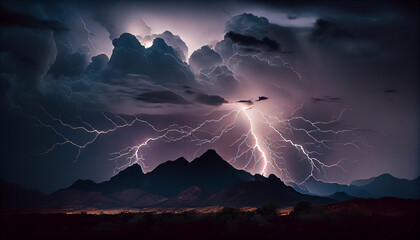 Fototapeta premium Dark dramatic stormy night sky with lightning bolts. Night.mountain landscape. Flashes of light from thunder and lightning. 3D illustration.