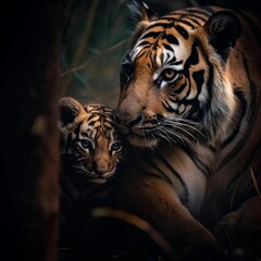 Fototapeta premium AI generated mother tiger and her cubs cuddle together in forest