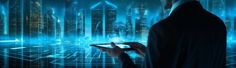 AI generated businessman looking at their digital device on background of buildings