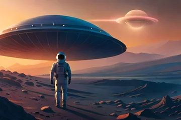 Photo sur Plexiglas UFO astronaut and ufo in space. AI-Generated